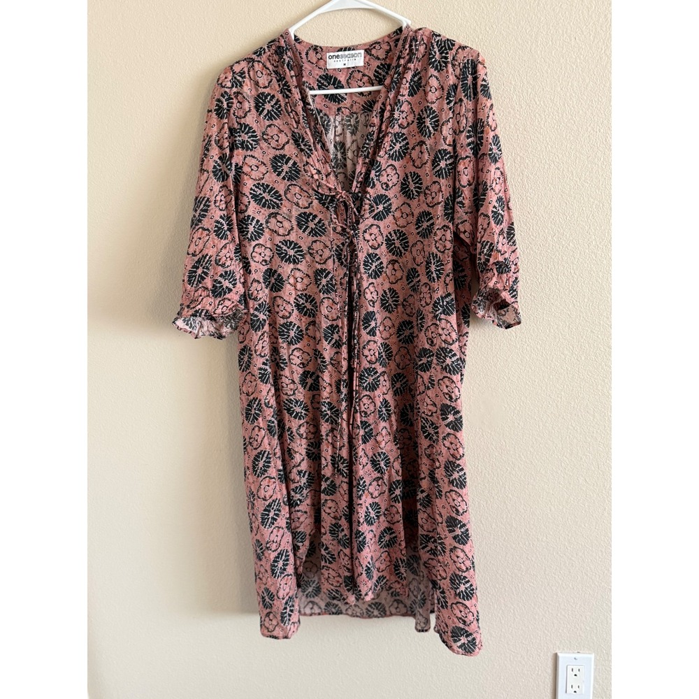 OneSeason Australia Pink Black Floral Cotton Lace Up Tunic Dress Womens Medium - Picture 1 of 7